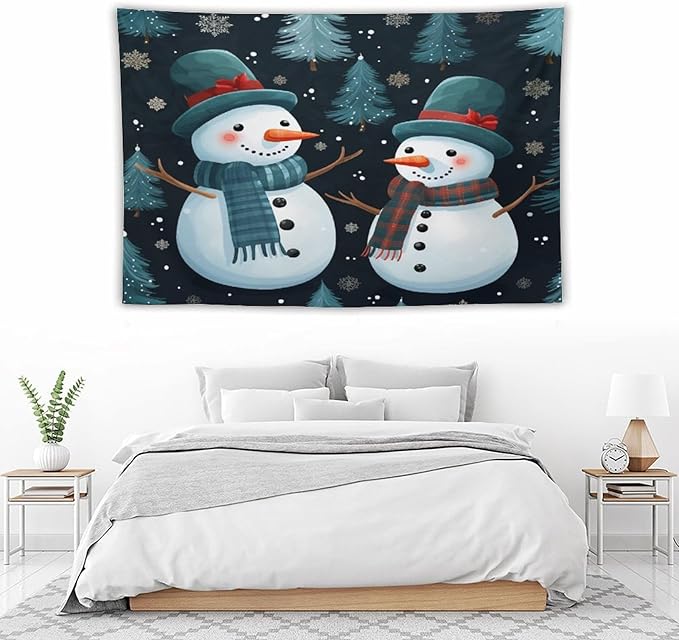 Wall Tapestry Snowman Couple Tapestry Hello Winter Snowman Aesthetic Bedroom Tapestries for Bedroom Colorful Wall Hanging Aesthetic Wall Art For Room Decor 60"x90" Christmas Family Party