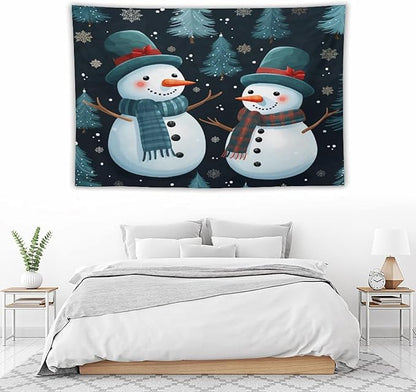 Wall Tapestry Snowman Couple Tapestry Hello Winter Snowman Aesthetic Bedroom Tapestries for Bedroom Colorful Wall Hanging Aesthetic Wall Art For Room Decor 60"x90" Christmas Family Party