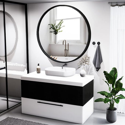 WallBeyond Black Round Mirror Wood Framed 28 inch Circle Wall Mirror for Bathroom Round Wall Mirror for Wall Decor, Vanity, Entryway Living Room
