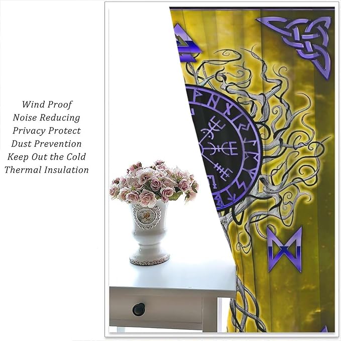 Viking Blackout Curtains Scandinavian Pirate Totem Mythology Golden Tree of Life Printed Curtain Bedroom and Living Room Decoration Blackout Curtains W42 * L45 Inch