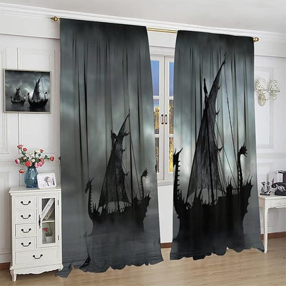 Viking Ship Blackout Curtains,Gloomy Misty Lake Landscape Fantasy Black White Color Sailing Dragon Boat Window Drapes for Boys Girls Bedroom Living Room,Norse Decor 63x72in