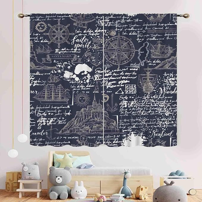 Vintage Nautical Curtains, Marine Coastal Sailboat Compass Anchor Ocean Beach Old Pirate Map Navy Blue Blackout Retro Drapes for Bedroom Living Room Kitchen Bathroom Window 2 Panels, 42"x54" Inch