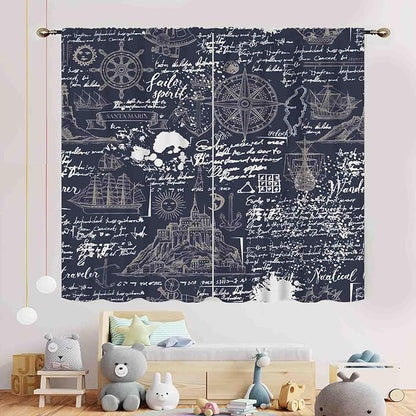 Vintage Nautical Curtains, Marine Coastal Sailboat Compass Anchor Ocean Beach Old Pirate Map Navy Blue Blackout Retro Drapes for Bedroom Living Room Kitchen Bathroom Window 2 Panels, 42"x54" Inch