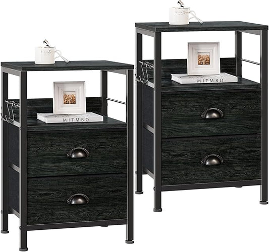 Furologee Nightstands Set 2, Night Stand with 2 Fabric Drawers, Bedside Tables with Open Shelf, Wooden Top, Hooks, Backboard Design, Metal Frame, End Tables for Bedroom/Living Room/Study/Black Oak