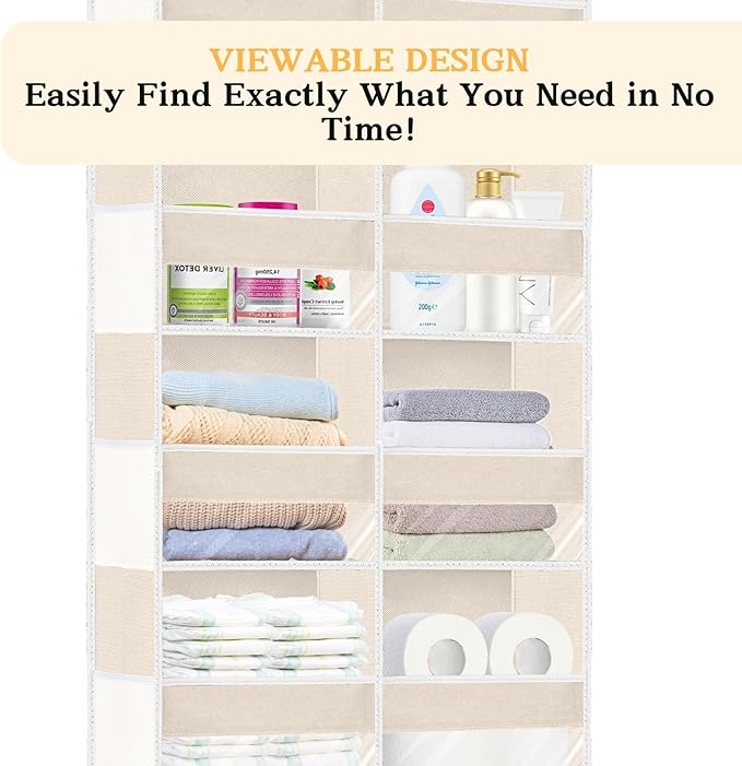 Over the Door Organizer 6 Tiers, Extra Large Behind Door Storage of 12 Compartments,80 lbs Weight Capacity Hanging Storage Organizer with Clear Window Kids Toys, Shoes, Diapers,Beige