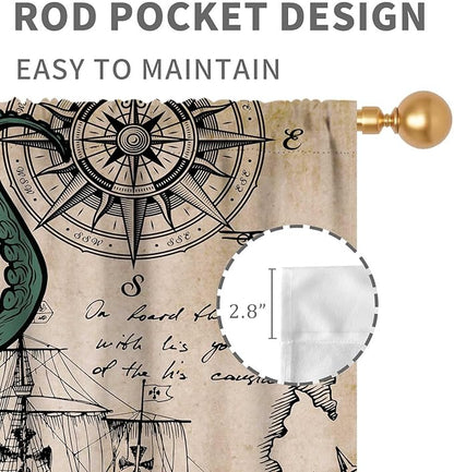 Nautical Octopus Curtains, Coastal Old Pirate Map Sailboat Compass Vintage Magic Ocean Kraken Octopus Tentacles Window Drapery Treatment for Bedroom Living Room Kitchen Bathroom 2 Panels, 63"x63" Inch