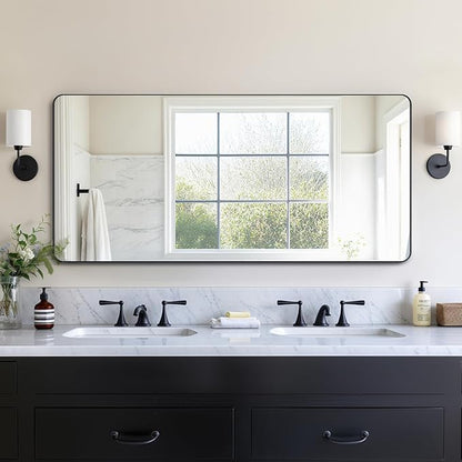 Kosmonia 60x28 Bathroom Vanity Mirror for Wall, Aluminum Framed, Farmhouse Rectangle, Anti-Rust, HD Reflection Anti-Desilvering, Distortion Free, Tempered and Shatter-Proof Wall Mounted Mirror, Black