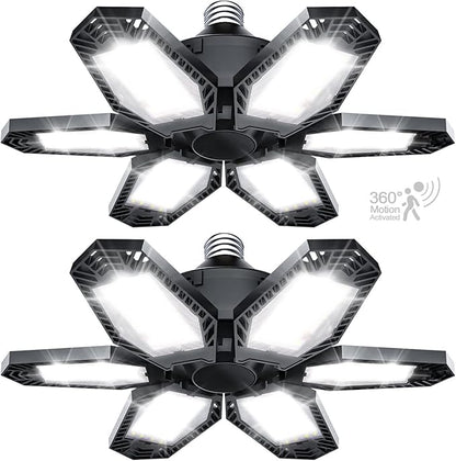 TANBABY 2 Pack Motion Sensor Garage Light, Total 30000LM Deformable Garage Lighting, 150W LED Ceiling with Motion, Ultra Bright Motion Activated LED Shop Light for Attic, Basement