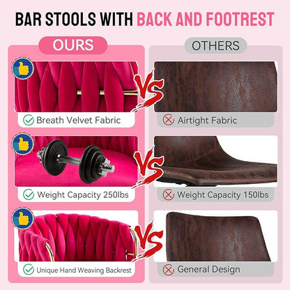 NIOIIKIT Bar Stool Set of 2, Velvet Upholstered Swivel Barstool, Counter Height Chair with Hand Woven Backrest, Dining Barstool with Footrest, Bar Chair for Kitchen Island, Pub (Rose Red)