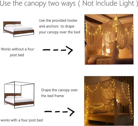 Bed Canopy, Canopy Bed Curtains Bed Drapes for Full Queen King Size Bed Mosquito Net Bed Canopy Curtains for Patio Indoor Outdoor Room Decor Screen Netting Canopy Curtains White