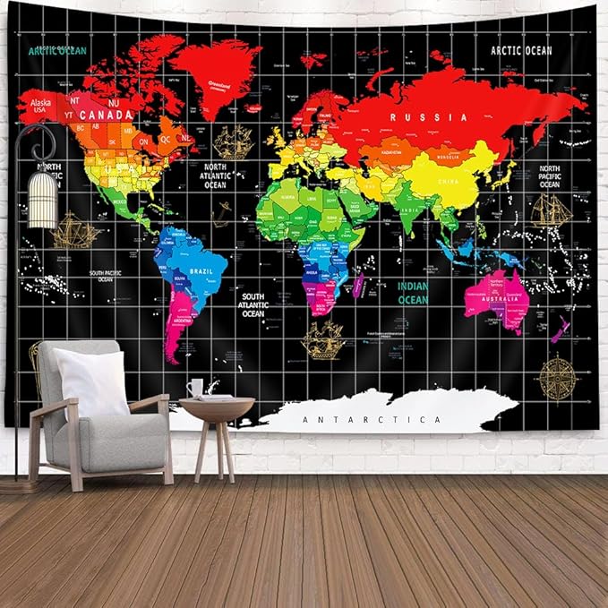 World Map Tapestry, Black Map World Vintag Topography Educational Wall Art Tapestries，Asia Europe South City Topography America Africa Japan Tapestry Wall Hanging 80X60 Inch