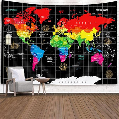 World Map Tapestry, Black Map World Vintag Topography Educational Wall Art Tapestries，Asia Europe South City Topography America Africa Japan Tapestry Wall Hanging 90X70 Inch