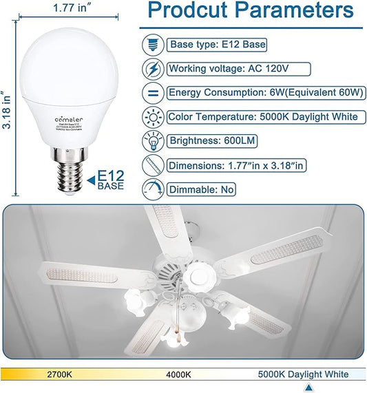 comzler Ceiling Fan Light Bulbs Candelabra LED Bulbs - 60 watt Equivalent, 5000K Daylight White Candelabra E12 Base A15 Small Light Bulbs,600lm,Non-Dimmable, Pack of 6