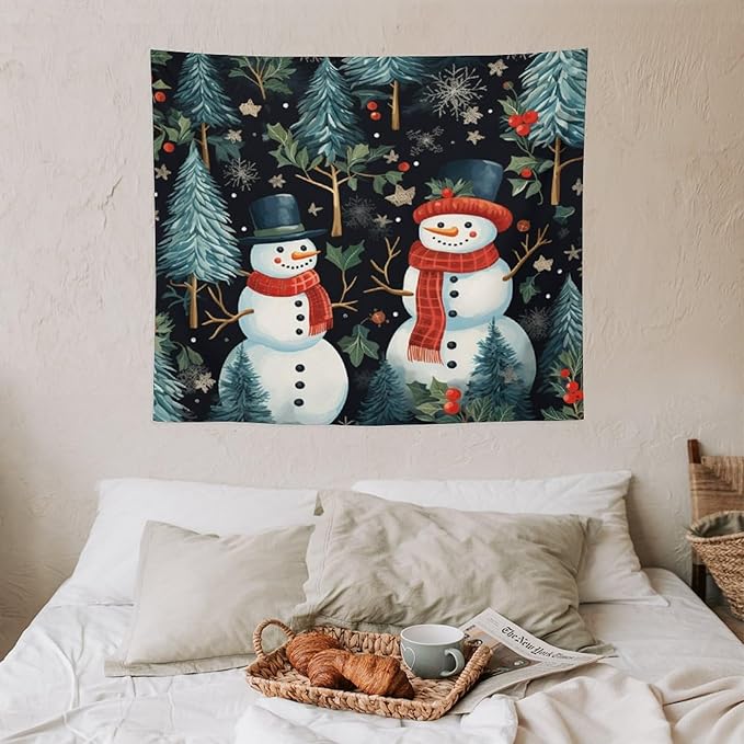 Wall Tapestry Snowman Couple Tapestry Vintage Christmas Cute Snowman Tapestry Vintage Aesthetic Tapestries Wall Art for Bedroom Living Room Decor Home Decor 50"x60" Christmas Family Party