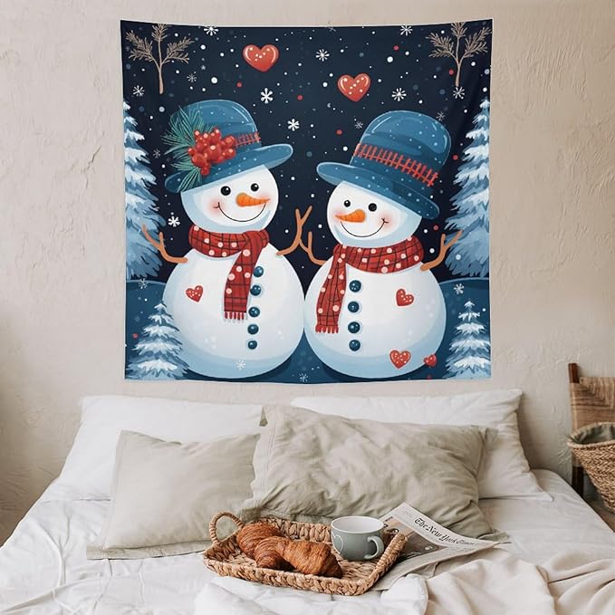 Tapestry Snowman Couple Wall Hanging Wall Tapestry Aesthetic Vintage Christmas Cute Snowman Tapestry Wall Hanging for Bedroom Aesthetic Home Decor Landscape 60"x60" Christmas Family Party