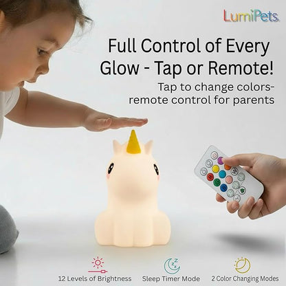 Lumipets Remote Control Silicone Night Light for Kids - Unicorn Design with 9 Soft Colors & Sleep Timer - Rechargeable, Battery-Operated Lamp for Bedroom | Baby Nursery, Toddler, Girls, Boys