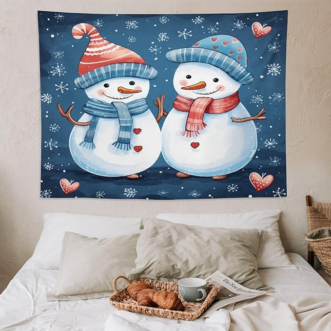 MaSiledy Tapestry Snowman Couple Tapestries for Bedroom Aesthetic Christmas Cute Snowman Tapestry As Wall Art Wall Hanging Decor for Bedroom Landscape 60"x80" Xmas Wall Hanging Polyester Tapestries