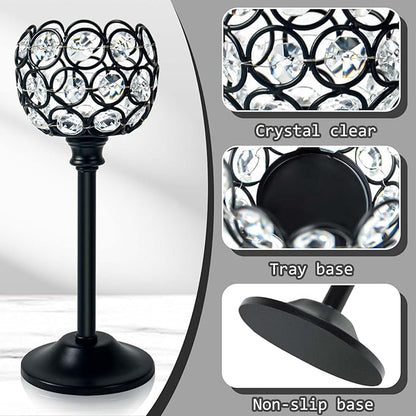Crystal Metal Tealight Candlestick, Bling Bowl Candelabras, Tall Crystal Votive Candle Holders Elegant Crystal Candle Centerpiece for Dining Table Wedding Decor (Set of 3, Balck)