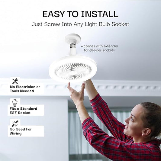 Bell+Howell SocketAir Wireless Ceiling Fan Light with Remote Control, Extender,110-120 Volt, 2100 Lumens, 3 Fan Speeds, 3 Light Settings, 6500K for Living, Dining, Working Space ASON TV