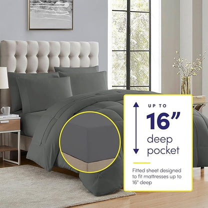 Queen Comforter Set with Sheets - 7-Piece Bedding Collection - 1 Comforter, 1 Fitted Sheet, 1 Flat, 4 Pillowcases - Deep Pocket - Soft & Breathable Premium Quality - Ideal for All Seasons, Gray