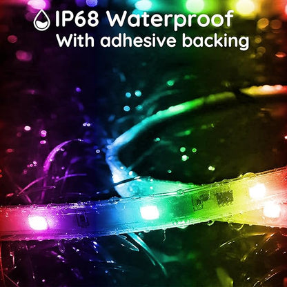 400ft Outdoor LED Strip Lights Waterproof,IP68 Outside Led Light Strips Waterproof with App and Remote,Music Sync RGB Exterior Led Rope Lights with Self Adhesive Back for Roof,Deck
