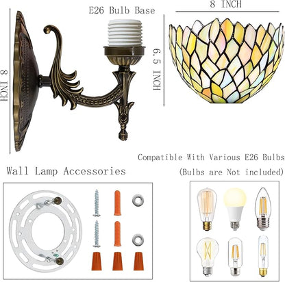 Tiffany Sconce Lamp Stained Glass Wall Lamp,8X10.5X11 Inch Plug in Wall Bedside Light for Hallway Bedroom (Seven Color Wisteria)