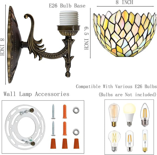 Tiffany Sconce Lamp Stained Glass Wall Lamp,8X10.5X11 Inch Plug in Wall Bedside Light for Hallway Bedroom (Seven Color Wisteria)