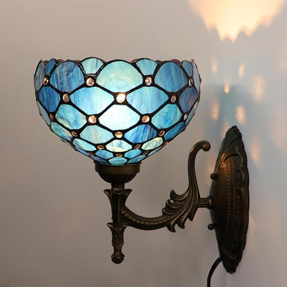 Tiffany Sconce Lamp Stained Glass Wall Lamp,8X10.5X11 Inch Plug in Wall Bedside Light for Hallway Bedroom (Blue Beads)
