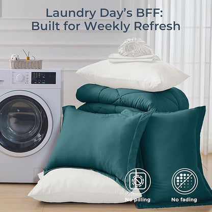 HEVUMYI Queen Comforter Set - 7-Piece All Season Bed in a Bag Queen, Ultra Soft Bedding Set with Comforter, Flat Sheet, Fitted Sheet, Pillowcases, Pillow Shams, Peacock Blue & Ivory