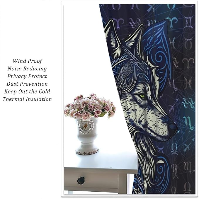 Viking Wolf Curtains Blue Rune Nordic Gothic Animal Curtains Dark Ancient Totem Mythological Pattern Printed Curtains Boys Bedroom Living Room Decoration Blackout Curtains W63 * L63 Inch