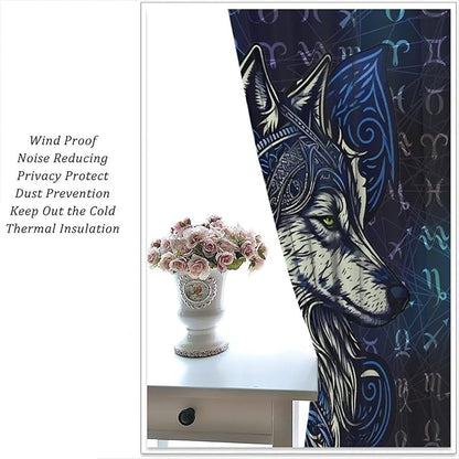 Viking Wolf Curtains Blue Rune Nordic Gothic Animal Curtains Dark Ancient Totem Mythological Pattern Printed Curtains Boys Bedroom Living Room Decoration Blackout Curtains W84 * L84 Inch
