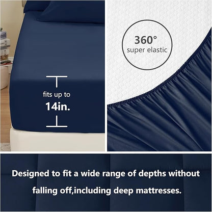 CozyLux Full Size Comforter Sets Navy Blue, 7 Pieces Bed in a Bag, Navy Comforter Full Size, All Season Bedding Sets with Stitch Quilted Comforter, Flat Sheet, Fitted Sheet, Pillowcases