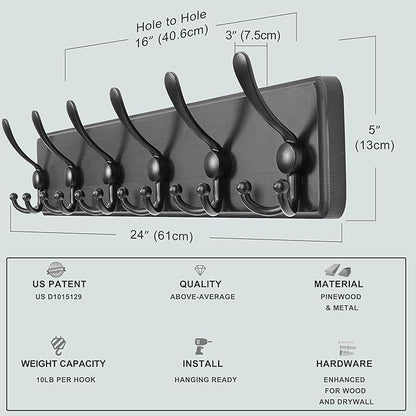 Dseap Coat Rack Wall Mounted - 24" Long 6 Tri Hooks, Heavy Duty Wooden Wall Coat Hanger Coat Hook for Clothes Hat Jacket Clothing, Black, Pack of 2