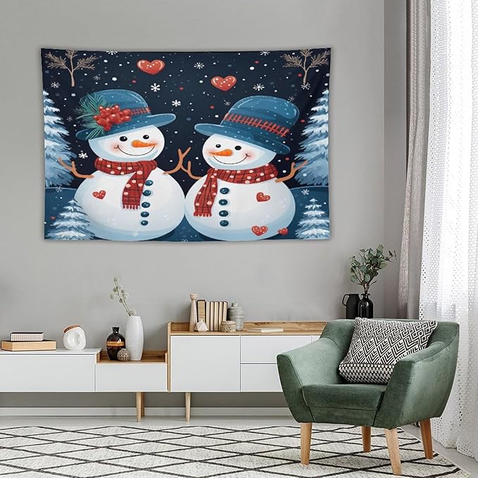 MaSiledy Tapastry's Wall Hanging Snowman Couple Tapestry Christmas Cute Snowman Tapestries for Bedroom Wall Hanging for Living Room Dorm 40"x60" Holiday Scene Banner for Winter Christmas Party