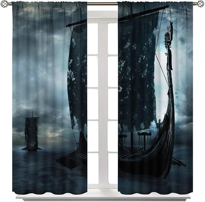 Viking Ship Curtains, Night Scene with Black Vikings Dragon Ship Sailing, Vintage Ancient Scandinavian Nautical Print Blackout Window Drapes for Boys Bedroom Living Room 55x63in