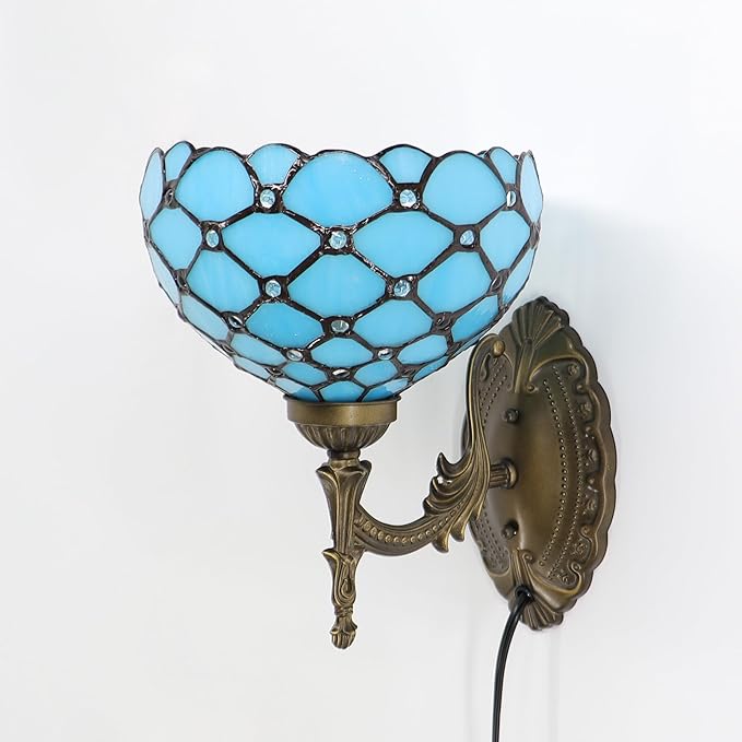 Small Tiffany Wall Sconce Lamp Stained Glass 8X10.5X11 Inch Plug in Sconce Bedside Light for Hallway Bedroom (Sea Blue Beads)