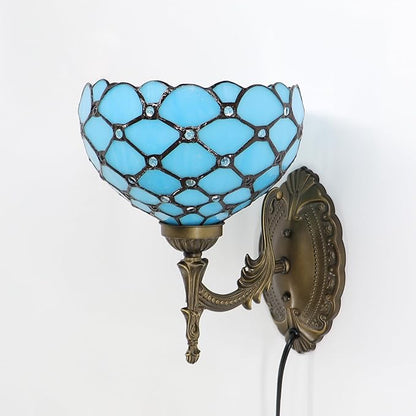 Small Tiffany Wall Sconce Lamp Stained Glass 8X10.5X11 Inch Plug in Sconce Bedside Light for Hallway Bedroom (Sea Blue Beads)