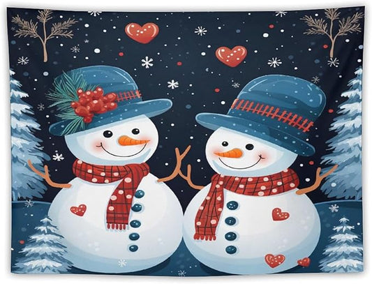 MaSiledy Tapestries Snowman Couple Tapestry Vintage Christmas Cute Snowman Tapestries for Bedroom Wall Art for Bedroom Living Room Decor Home Decor 30"x40" Xmas Wall Hanging Polyester Tapestries