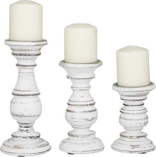 Deco 79 Mango Wood Decorative Candle Holder Turned Style Pillar Candle Stand, Set of 3 Candlestick Holder 10", 8", 6”H, White