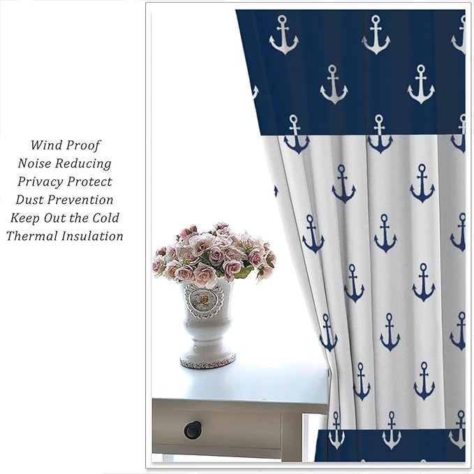 Anchor Pattern Curtains, Nautical Theme Navy Blue White Anchor Sea Life Adventure Print Blackout Window Treatments for Living Room Boys Men's Bedroom 63x72in
