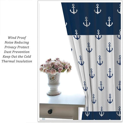 Anchor Pattern Curtains, Nautical Theme Navy Blue White Anchor Sea Life Adventure Print Blackout Window Treatments for Living Room Boys Men's Bedroom 63x72in