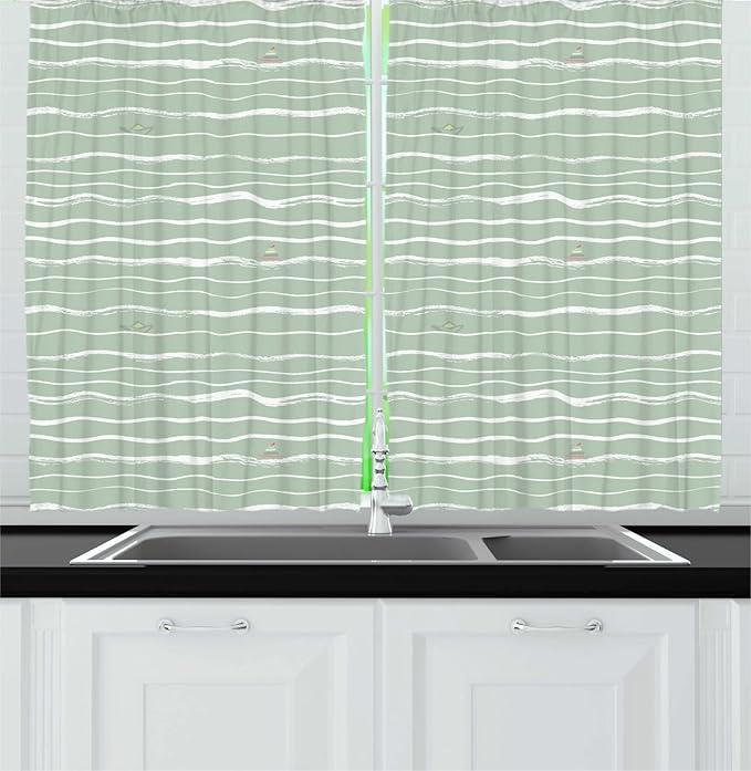 Lunarable Nautical Long Kitchen Curtains, Pattern of Hand Drawn Waves with Boats Floating, 2 Panel Set Drapes with Rod Pocket Room Decor, 55" x 45", Pale Sage Green White Pale Green Pale Rust