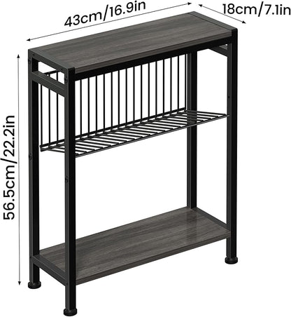 End Table Set of 2 for Small Space, 3-Tier Narrow Side Table with Magazine Holder,Slim Nightstand, Skinny Snack Couch Table in Living Room, Bedroom Study and Balcony (Grey)