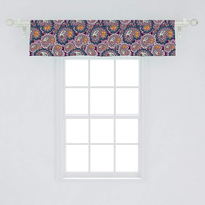 Lunarable Paisley Window Valance, Vibrant Colored Design with Lace Pattern Backdrop Vintage Lively, Curtain Valance for Kitchen Bedroom Decor with Rod Pocket, 54" X 12", Orange Teal