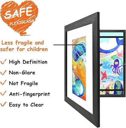 KINLINK 8.5x11 Kids Art Frames Set of 2, Solid Wood Kids Artwork Frames Changeable with Acrylic Front Opening Holds 150 Pictures, Art Frame for Kids Artwork with Mat or without Mat, Black Wood