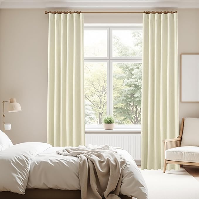 KangBang 102 Inches Long Cream Blackout Linen Curtains, Back Tab Rod Pocket Pleated UV Protection Curtains for Bedroom, Aesthetic Viral Drapes 2 Panels for Hotel Office,52x102