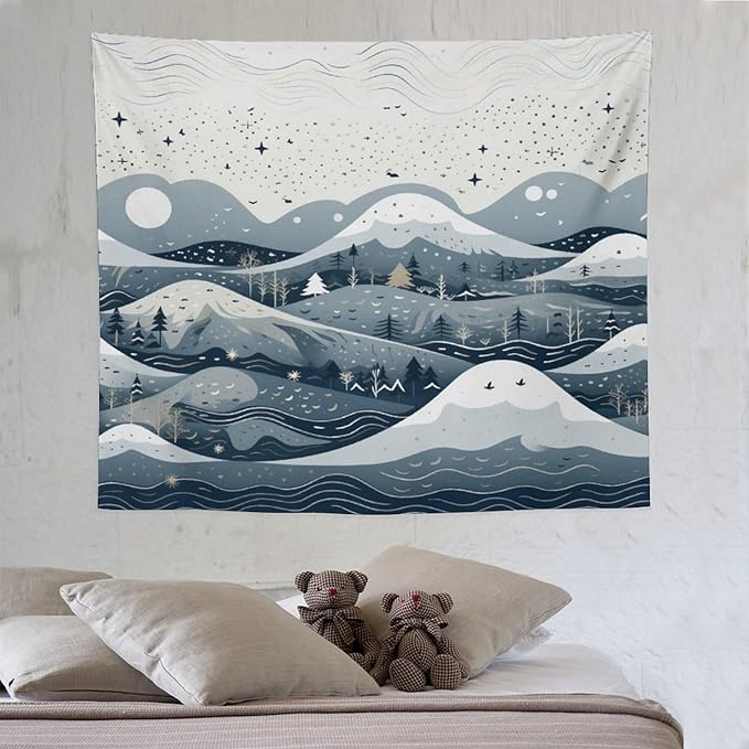 Tapestry As Wall Art Snow Mountain Scandinavian Winter Tapestry Hello Winter Holiday Tapestries for Bedroom Wall Hanging for Bedroom Living Room Dorm 50"x60" Tapestries Winter Snowflake Decorative