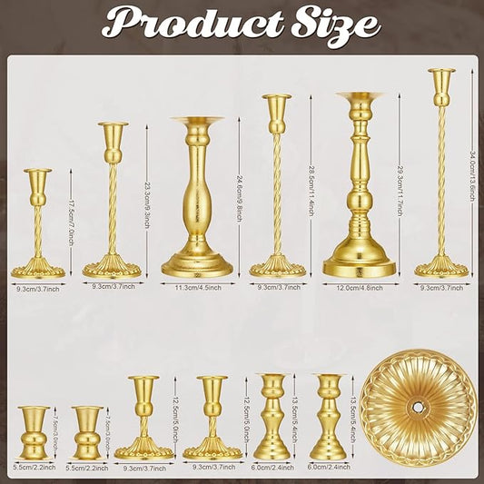 12 Pcs Candlestick Holders Gold Metal Taper Candle Holders Decorative Vintage Modern Table Centerpiece Decorations for Wedding Christmas Anniversary Dinner Party(Gold,Retro Style)
