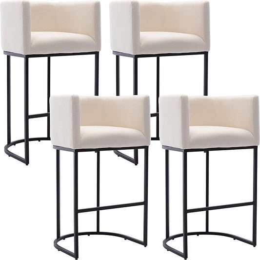 Modern Counter Height Linen Upholstered Bar Stools Set of 4, 32" Kitchen Counter Island Stools Bar Chairs with Black Metal Frame for Kitchen Island, Cream
