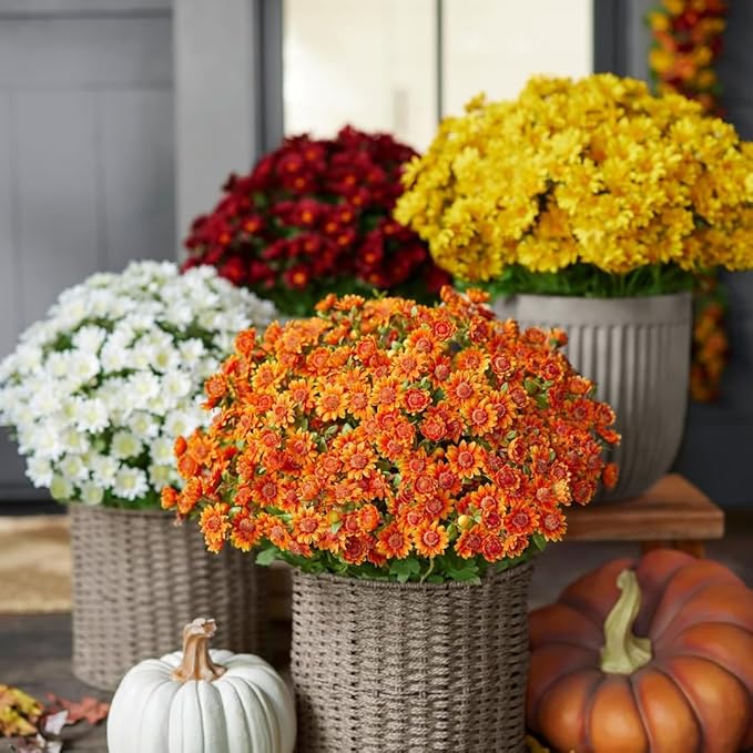 Artificial Mums for Outdoors, Faux Sunset Mum Flowers Planters for Indoor Outside Decor, Fake Look Real, Vibrant, UV Resistant, Waterproof, Windproof (Orange, 10 Bundle)